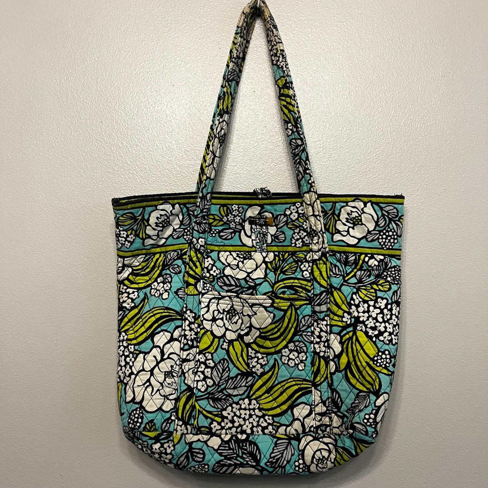 Vera‎ Bradley Night and Day Quilted Floral Tote Bag Turquoise Lime Green Black